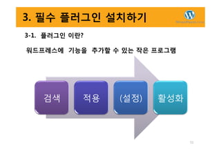 3. 필수 플러그인 설치하기
3-1. 플러그인 이란?
워드프레스에 기능을 추가할 수 있는 작은 프로그램
51
검색 적용 (설정) 활성화
 