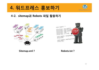 4. 워드프레스 홍보하기
4-2. sitemap과 Robots 파일 활용하기
65
Sitemap.xml ? Robots.txt ?
 