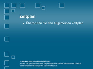 Zeitplan
• Überprüfen Sie den allgemeinen Zeitplan
- weitere Informationen finden Sie…
Listen Sie Speicherorte oder Ansprechpartner für den detaillierten Zeitplan
(oder andere diesbezügliche Dokumente) auf
 