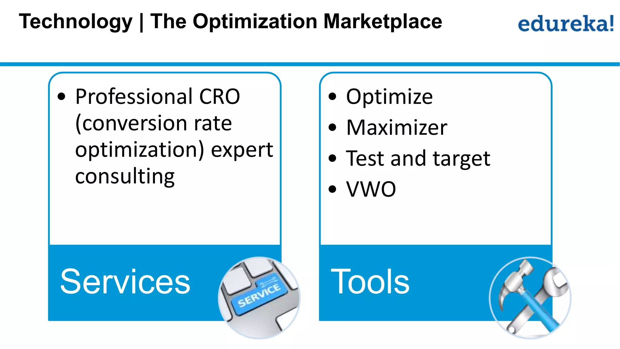 Technology | The Optimization Marketplace
• Professional CRO
(conversion rate
optimization) expert
consulting
Services
• Optimize
• Maximizer
• Test and target
• VWO
Tools
 