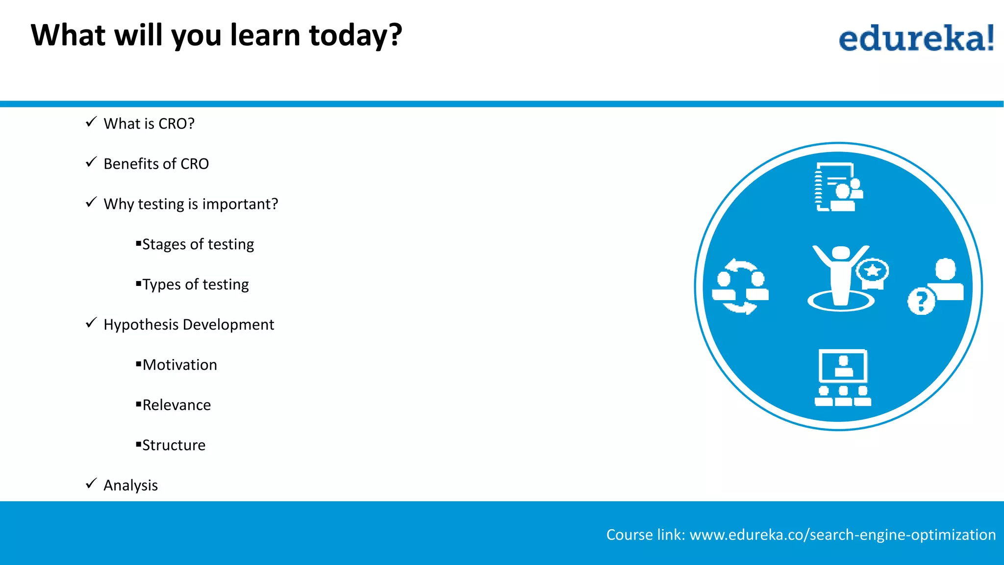 What will you learn today?
 What is CRO?
 Benefits of CRO
 Why testing is important?
Stages of testing
Types of testing
 Hypothesis Development
Motivation
Relevance
Structure
 Analysis
Course link: www.edureka.co/search-engine-optimization
 