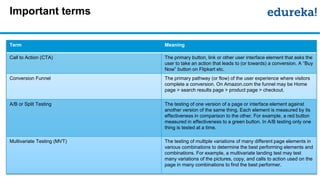 Important terms
Term Meaning
Call to Action (CTA) The primary button, link or other user interface element that asks the
user to take an action that leads to (or towards) a conversion. A “Buy
Now” button on Flipkart etc.
Conversion Funnel The primary pathway (or flow) of the user experience where visitors
complete a conversion. On Amazon.com the funnel may be Home
page > search results page > product page > checkout.
A/B or Split Testing The testing of one version of a page or interface element against
another version of the same thing. Each element is measured by its
effectiveness in comparison to the other. For example, a red button
measured in effectiveness to a green button. In A/B testing only one
thing is tested at a time.
Multivariate Testing (MVT) The testing of multiple variations of many different page elements in
various combinations to determine the best performing elements and
combinations. For example, a multivariate landing test may test
many variations of the pictures, copy, and calls to action used on the
page in many combinations to find the best performer.
 