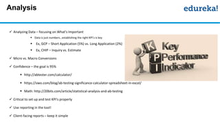 Analysis
 Analyzing Data – focusing on What’s Important
 Data is just numbers…establishing the right KPI’s is key
 Ex, GCP – Short Application (5%) vs. Long Application (2%)
 Ex, CHIP – Inquiry vs. Estimate
 Micro vs. Macro Conversions
 Confidence – the goal is 95%
 http://abtester.com/calculator/
 https://vwo.com/blog/ab-testing-significance-calculator-spreadsheet-in-excel/
 Math: http://20bits.com/article/statistical-analysis-and-ab-testing
 Critical to set up and test KPI’s properly
 Use reporting in the tool!
 Client-facing reports – keep it simple
 