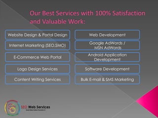 Website Design & Portal Design Web Development
Internet Marketing (SEO,SMO)
Google AdWords /
MSN AdWords
E-Commerce Web Portal
Android Application
Development
Logo Design Services Software Development
Content Writing Services Bulk E-mail & SMS Marketing
 