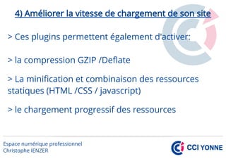 4) Améliorer la vitesse de chargement de son site
> Ces plugins permettent également d'activer:
> la compression GZIP /Deflate
> La minification et combinaison des ressources
statiques (HTML /CSS / javascript)
> le chargement progressif des ressources
 