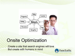 Onsite Optimization
Create a site that search engines will love
But create with humans in mind
 