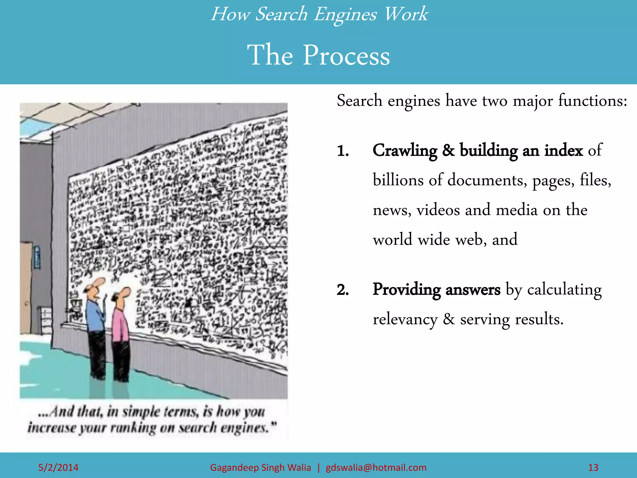 How Search Engines Work The Process 
Search engines have two major functions: 
1.Crawling & building an index of billions of documents, pages, files, news, videos and media on the world wide web, and 
2.Providing answers by calculating relevancy & serving results. 
5/2/2014 
Gagandeep Singh Walia | gdswalia@hotmail.com 
13  