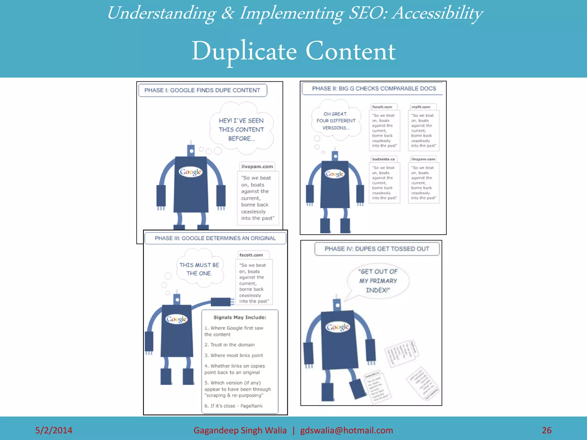 Understanding & Implementing SEO: Accessibility Duplicate Content 
5/2/2014 
Gagandeep Singh Walia | gdswalia@hotmail.com 
26  