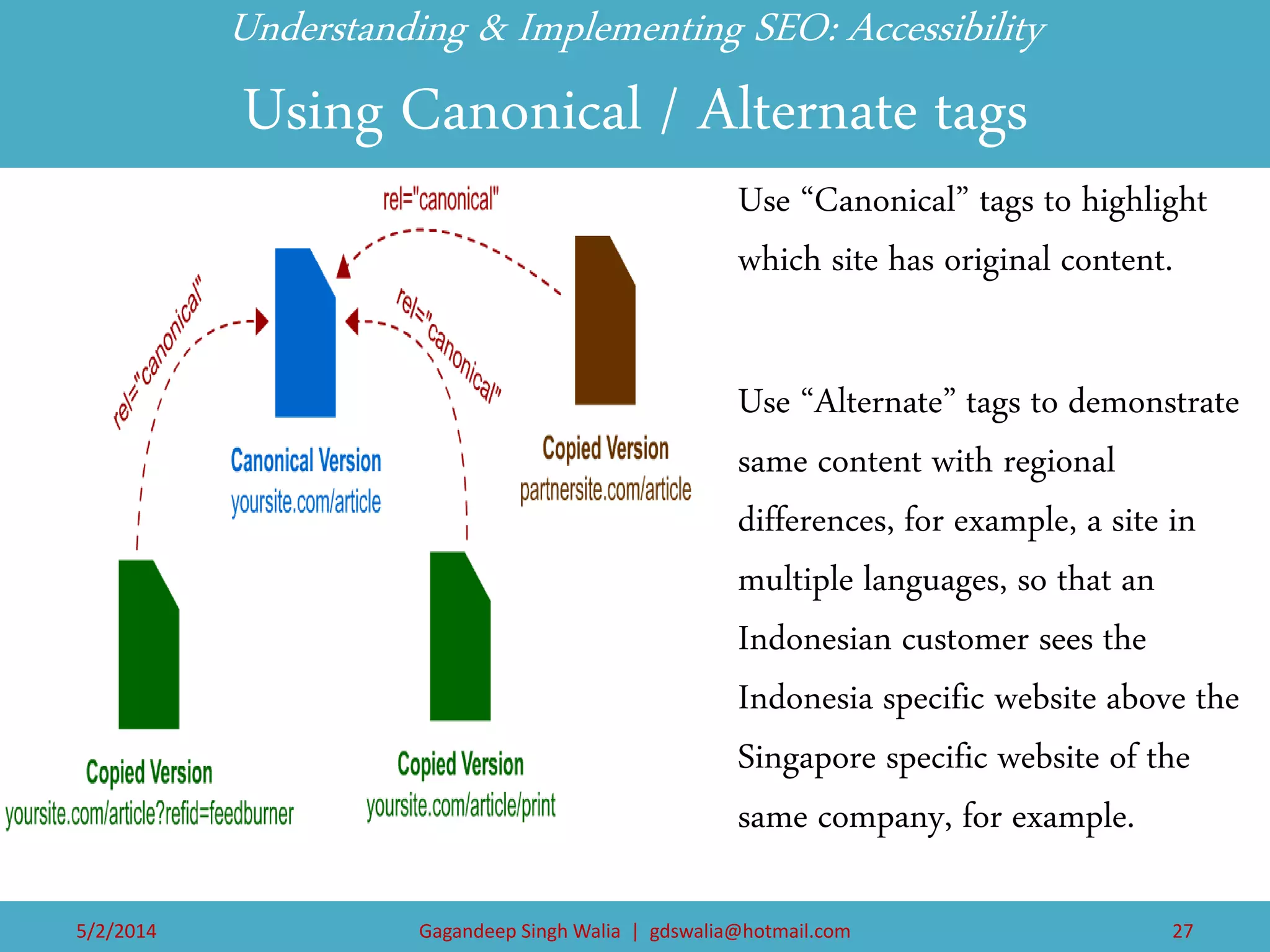 Understanding & Implementing SEO: Accessibility Using Canonical / Alternate tags 
Use “Canonical” tags to highlight which site has original content. 
Use “Alternate” tags to demonstrate same content with regional differences, for example, a site in multiple languages, so that an Indonesian customer sees the Indonesia specific website above the Singapore specific website of the same company, for example. 
5/2/2014 
Gagandeep Singh Walia | gdswalia@hotmail.com 
27  
