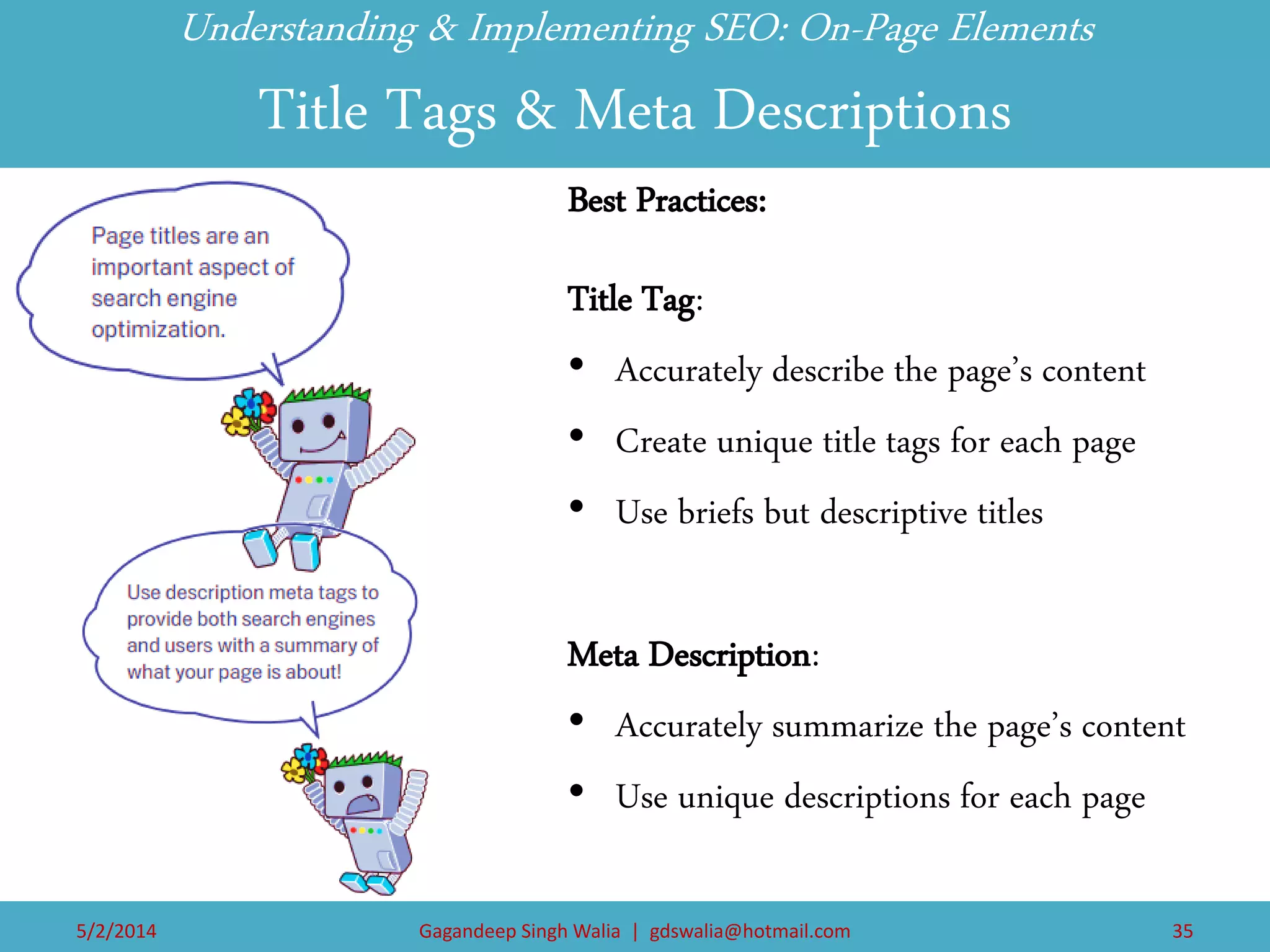 Understanding & Implementing SEO: On-Page Elements Title Tags & Meta Descriptions 
Best Practices: 
Title Tag: 
•Accurately describe the page’s content 
•Create unique title tags for each page 
•Use briefs but descriptive titles 
Meta Description: 
•Accurately summarize the page’s content 
•Use unique descriptions for each page 
5/2/2014 
Gagandeep Singh Walia | gdswalia@hotmail.com 
35  