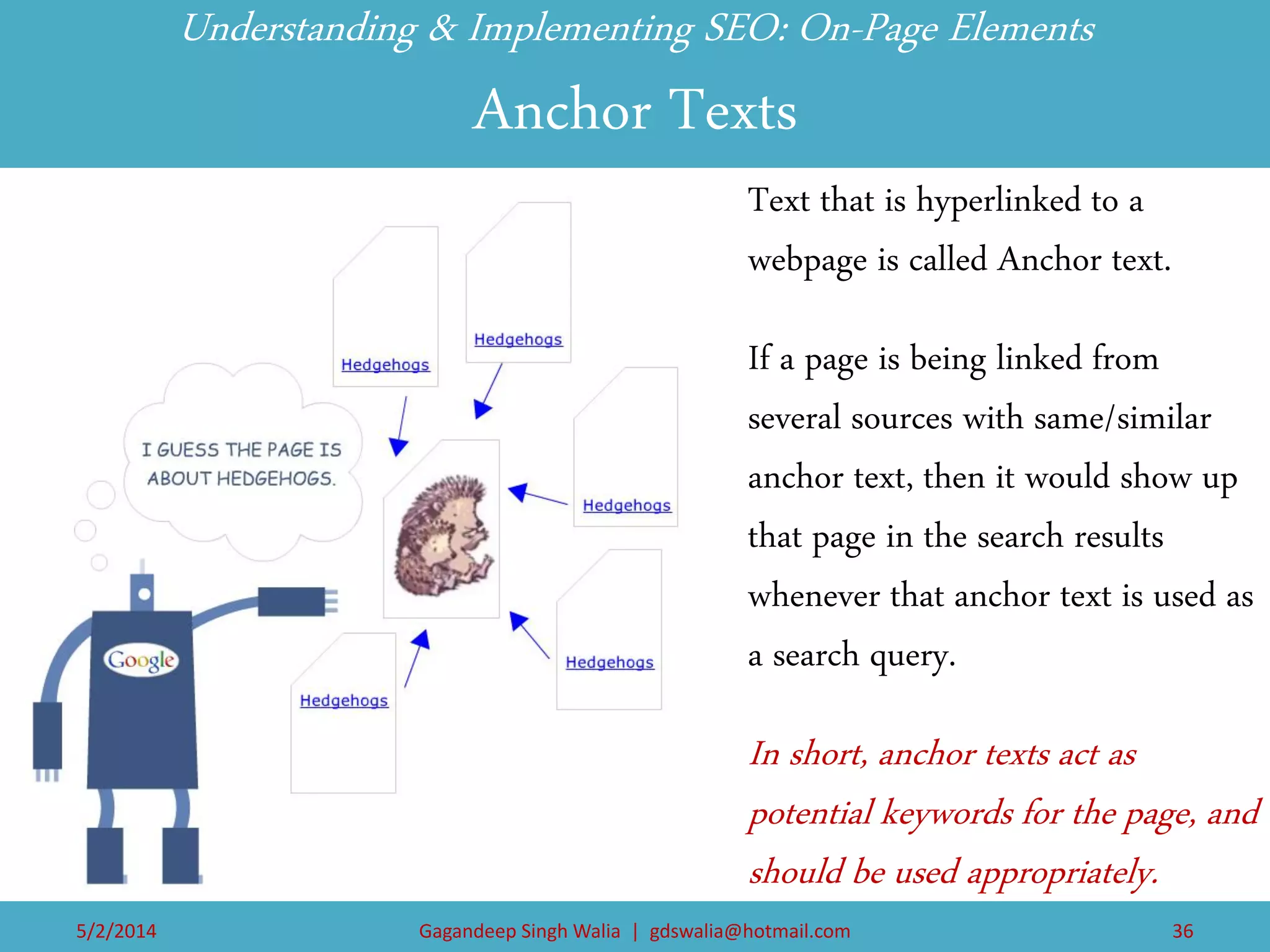 Understanding & Implementing SEO: On-Page Elements Anchor Texts 
Text that is hyperlinked to a webpage is called Anchor text. 
If a page is being linked from several sources with same/similar anchor text, then it would show up that page in the search results whenever that anchor text is used as a search query. 
In short, anchor texts act as potential keywords for the page, and should be used appropriately. 
5/2/2014 
Gagandeep Singh Walia | gdswalia@hotmail.com 
36  