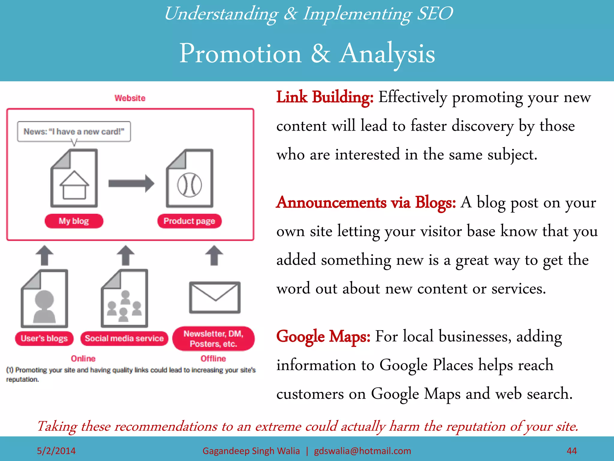 Understanding & Implementing SEO Promotion & Analysis 
Link Building: Effectively promoting your new content will lead to faster discovery by those who are interested in the same subject. 
Announcements via Blogs: A blog post on your own site letting your visitor base know that you added something new is a great way to get the word out about new content or services. 
Google Maps: For local businesses, adding information to Google Places helps reach customers on Google Maps and web search. 
Taking these recommendations to an extreme could actually harm the reputation of your site. 
5/2/2014 
Gagandeep Singh Walia | gdswalia@hotmail.com 
44  