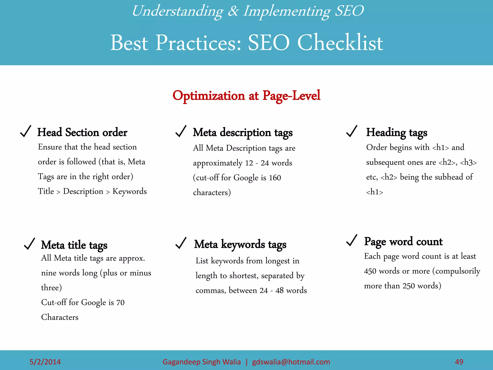 Understanding & Implementing SEO Best Practices: SEO Checklist 
5/2/2014 
Gagandeep Singh Walia | gdswalia@hotmail.com 
49 
Head Section order 
Meta title tags 
Meta description tags 
Meta keywords tags 
Heading tags 
Page word count 
Optimization at Page-Level 
Ensure that the head section order is followed (that is, Meta Tags are in the right order) 
Title > Description > Keywords 
All Meta title tags are approx. nine words long (plus or minus three) 
Cut-off for Google is 70 Characters 
All Meta Description tags are approximately 12 - 24 words 
(cut-off for Google is 160 characters) 
List keywords from longest in length to shortest, separated by commas, between 24 - 48 words 
Order begins with <h1> and subsequent ones are <h2>, <h3> etc, <h2> being the subhead of <h1> 
Each page word count is at least 450 words or more (compulsorily more than 250 words)  