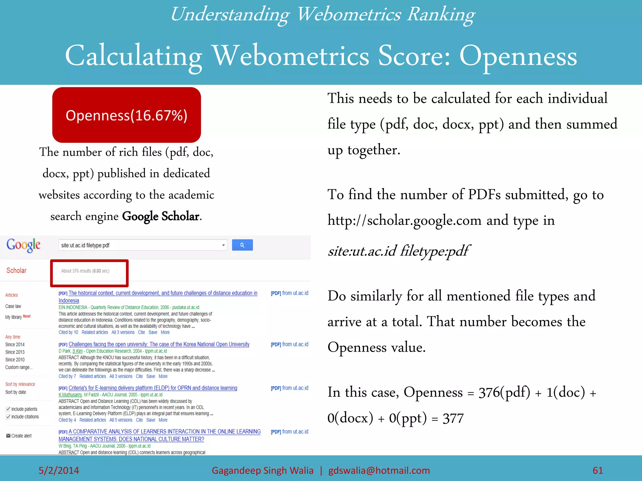 Understanding Webometrics Ranking Calculating Webometrics Score: Openness 
This needs to be calculated for each individual file type (pdf, doc, docx, ppt) and then summed up together. 
To find the number of PDFs submitted, go to http://scholar.google.com and type in 
site:ut.ac.id filetype:pdf 
Do similarly for all mentioned file types and arrive at a total. That number becomes the Openness value. 
In this case, Openness = 376(pdf) + 1(doc) + 0(docx) + 0(ppt) = 377 
Openness(16.67%) 
The number of rich files (pdf, doc, docx, ppt) published in dedicated websites according to the academic search engine Google Scholar. 
5/2/2014 
Gagandeep Singh Walia | gdswalia@hotmail.com 
61  