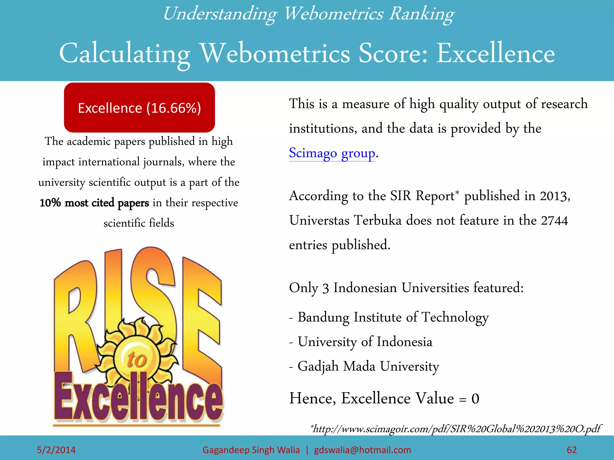 Understanding Webometrics Ranking Calculating Webometrics Score: Excellence 
This is a measure of high quality output of research institutions, and the data is provided by the Scimago group. 
According to the SIR Report* published in 2013, Universtas Terbuka does not feature in the 2744 entries published. 
Only 3 Indonesian Universities featured: 
- Bandung Institute of Technology - University of Indonesia - Gadjah Mada University 
Hence, Excellence Value = 0 
Excellence (16.66%) 
The academic papers published in high impact international journals, where the university scientific output is a part of the 10% most cited papers in their respective scientific fields 
*http://www.scimagoir.com/pdf/SIR%20Global%202013%20O.pdf 
5/2/2014 
Gagandeep Singh Walia | gdswalia@hotmail.com 
62  