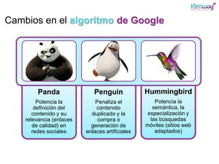 Cambios en el algoritmo de Google
Panda
Potencia la
definición del
contenido y su
relevancia (enlaces
de calidad) en
redes...