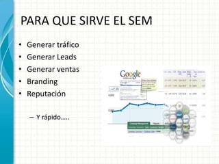 PARA QUE SIRVE EL SEM
•   Generar tráfico
•   Generar Leads
•   Generar ventas
•   Branding
•   Reputación

    – Y rápido…..
 