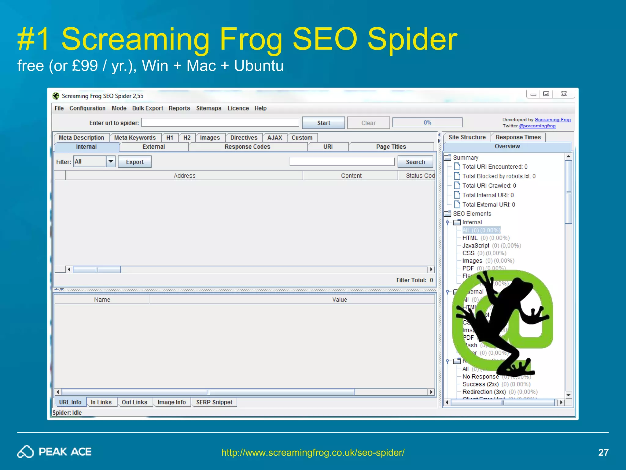 27 
#1 Screaming Frog SEO Spider 
free (or £99 / yr.), Win + Mac + Ubuntu 
http://www.screamingfrog.co.uk/seo-spider/ 
 