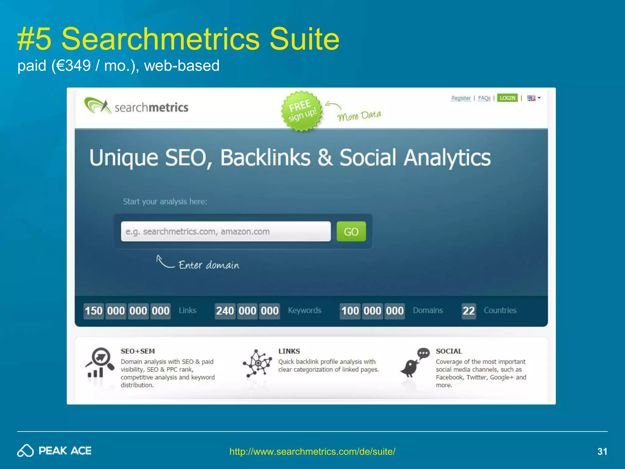 31 
#5 Searchmetrics Suite 
http://www.searchmetrics.com/de/suite/ 
paid (€349 / mo.), web-based 
 