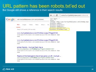 21 
URL pattern has been robots.txt’ed out 
But Google still shows a reference in their search results 
 