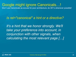 25 
Google might ignore Canonicals…! 
Don’t use Canonicals as excuse for poor architecture; do 301’s whenever possible! 
I...