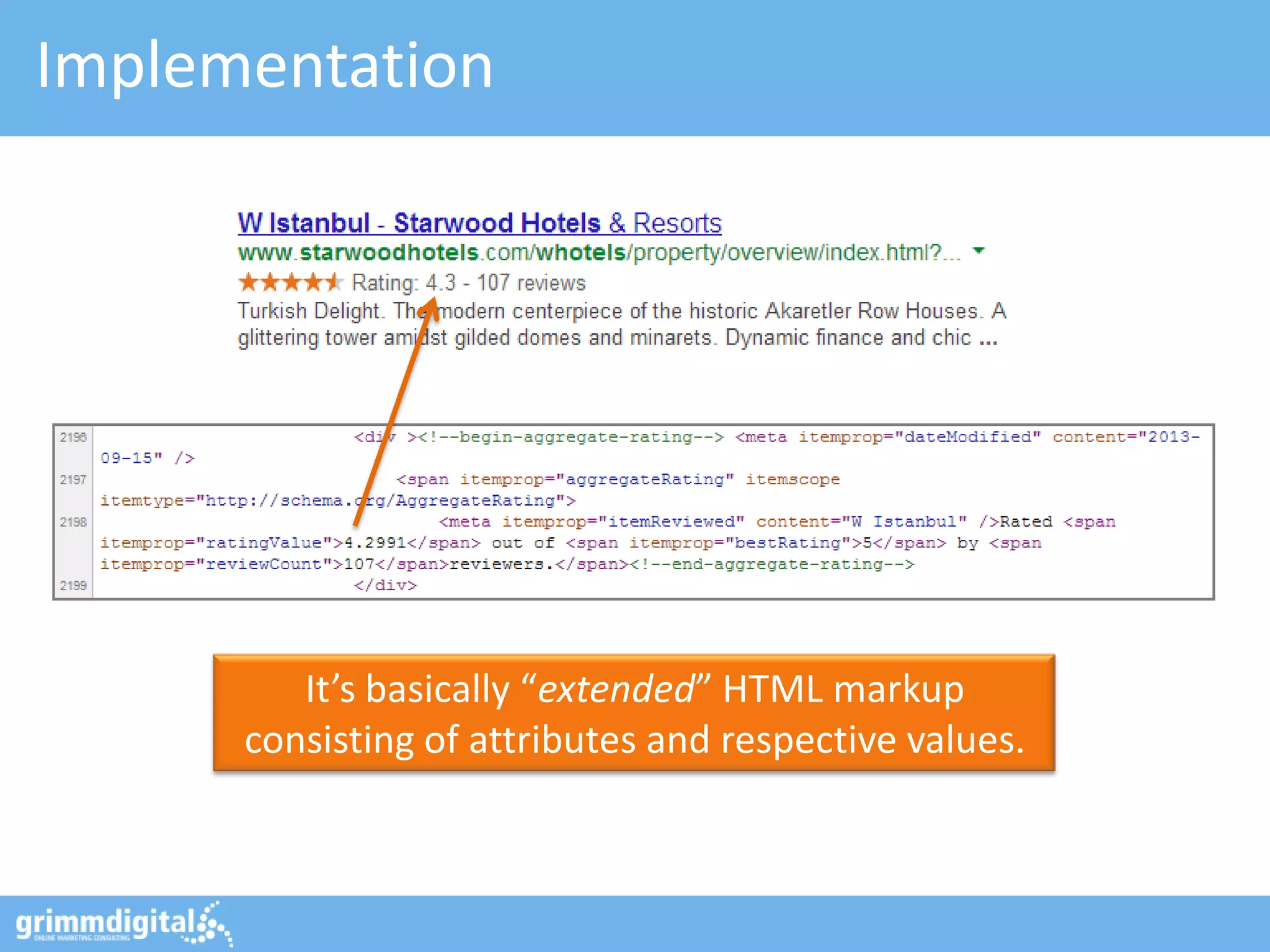 Implementation
It’s basically “extended” HTML markup
consisting of attributes and respective values.
 