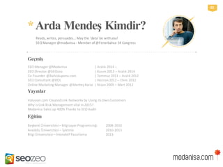 SEO Manager @Modanisa | Aralık 2014 –
SEO Director @SEOzeo | Kasım 2013 – Aralık 2014
Co-Founder @Bahiskuponu.com | Temmuz 2011 – Aralık 2012
SEO Consultant @DOL | Haziran 2012 – Ekim 2012
Online Marketing Manager @Menteş Korse | Nisan 2009 – Mart 2012
*ArdaMendeşKimdir?
Reads, writes, persuades... May the 'data' be with you!
SEO Manager @modanisa - Member of @Fenerbahce SK Congress
Geçmiş
Yayınlar
Volusion.com Created Link Networks by Using its Own Customers
Why is Link Risk Management vital in 2015?
Modanisa Sales up 400% Thanks to SEO Audit
02
Eğitim
Beykent Üniversitesi – Bilgisayar Programcılığı 2008-2010
Anadolu Üniversitesi – İşletme 2010-2013
Bilgi Üniversitesi – İnteraktif Pazarlama 2013-
 