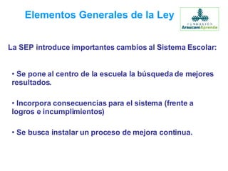 Se pone al centro de la escuela la búsqueda de mejores resultados.  Incorpora consecuencias para el sistema (frente a logros e incumplimientos) Se busca instalar un proceso de mejora continua. Elementos Generales de la Ley La SEP introduce importantes cambios al Sistema Escolar: 
