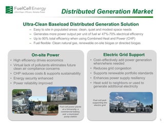 Distributed Generation Market
On-site Power
• High efficiency drives economics
• Virtual lack of pollutants eliminates future
clean air compliance concerns
• CHP reduces costs & supports sustainability
• Energy security enhanced
• Power reliability improved
Fuel cell power plants
at a University, a
commercial bakery,
and a municipal
pump station
Electric Grid Support
• Cost–effectively add power generation
when/where needed
• Reduces grid congestion
• Supports renewable portfolio standards
• Enhances power supply resiliency
• Heat sold to neighbors or used to
generate additional electricity
Fuel cell park
supporting the
electric grid
Ultra-Clean Baseload Distributed Generation Solution
– Easy to site in populated areas: clean, quiet and modest space needs
– Generates more power output per unit of fuel w/ 47%-70% electrical efficiency
– Up to 90% total efficiency when using Combined Heat and Power (CHP)
– Fuel flexible: Clean natural gas, renewable on-site biogas or directed biogas
5
 