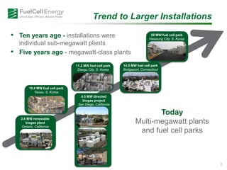 Trend to Larger Installations
• Ten years ago - installations were
individual sub-megawatt plants
• Five years ago - megawatt-class plants
7
59 MW fuel cell park
Hwasung City, S. Korea
14.9 MW fuel cell park
Bridgeport, Connecticut
11.2 MW fuel cell park
Daegu City, S. Korea
10.4 MW fuel cell park
Yeosu, S. Korea
2.8 MW renewable
biogas plant
Ontario, California
4.5 MW directed
biogas project
San Diego, California
Today
Multi-megawatt plants
and fuel cell parks
 