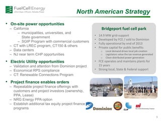 Bridgeport fuel cell park
• 14.9 MW grid-support
• Developed by FCE / sold to Dominion
• Fully operational by end of 2013
• Private capital for public benefits
o Local demand drives local job creation
o Legislators value the tax revenue generated
o Clean distributed power generation
• FCE operates and maintains plants for
15 years
• Strong local, State & Federal support
• On-site power opportunities
– California
– municipalities, universities, and
– State government
– SGIP Program with commercial customers
– CT with LREC program, CT150 & others
– Data centers
– NJ near term CHP opportunities
• Electric Utility opportunities
– Validation and attention from Dominion project
– Economical RPS compliance
– CT: Renewable Connections Program
• Project finance enables orders
– Repeatable project finance offerings with
customers and project investors (ownership,
PPA, Lease)
– NRG Energy PPA option
– Establish additional tax equity project finance
programs
North American Strategy
9
 