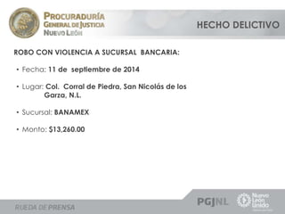 ROBO CON VIOLENCIA A SUCURSAL BANCARIA: 
• Fecha: 11 de septiembre de 2014 
• Lugar: Col. Corral de Piedra, San Nicolás de los 
Garza, N.L. 
• Sucursal: BANAMEX 
• Monto: $13,260.00 
HECHO DELICTIVO 
 