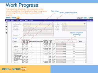 4 
4 
Work Progress 
Task details 
Project start and end date 
Project completion 
percentage 
This module help schedule the planned activities for the 
selected project. User have to update the daily work progress 
by comparing the last percentage of work and current 
progress. 
 