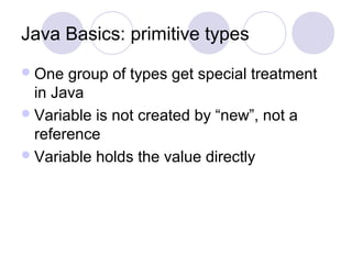 Java Basics: primitive types
One group of types get special treatment
in Java
Variable is not created by “new”, not a
reference
Variable holds the value directly
 