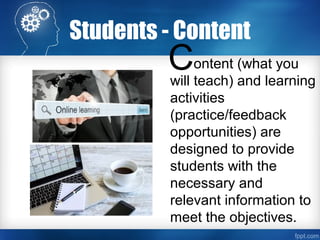 Students - Content
ontent (what you
will teach) and learning
activities
(practice/feedback
opportunities) are
designed to provide
students with the
necessary and
relevant information to
meet the objectives.
C
 