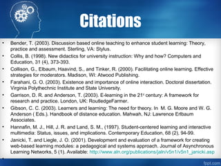 Citations
• Bender, T. (2003). Discussion based online teaching to enhance student learning: Theory,
practice and assessment. Sterling, VA: Stylus.
• Collis, B. (1998). New didactics for university instruction: Why and how? Computers and
Education, 31 (4), 373-393.
• Collison, G., Elbaum, Haavind, S., and Tinker, R. (2000). Facilitating online learning. Effective
strategies for moderators. Madison, WI: Atwood Publishing.
• Farahani, G. O. (2003). Existence and importance of online interaction. Doctoral dissertation.
Virginia Polythechnic Institute and State University.
• Garrison, D. R. and Anderson, T. (2003). E-learning in the 21st
century: A framework for
research and practice. London, UK: RoutledgeFarmer.
• Gibson, C. C. (2003). Learners and learning: The need for theory. In M. G. Moore and W. G.
Anderson ( Eds.). Handbook of distance education. Mahwah, NJ: Lawrence Erlbaum
Associates.
• Hannafin, M. J., Hill, J. R. and Land, S. M., (1997). Student-centered learning and interactive
multimedia: Status, issues, and implications. Contemporary Education, 68 (2), 94-99.
• Janicki, T. and Liegle, J. O. (2001). Development and evaluation of a framework for creating
web-based learning modules: a pedagogical and systems approach. Journal of Asynchronous
Learning Networks, 5 (1). Available: http://www.aln.org/publications/jaln/v5n1/v5n1_janicki.asp
•
 