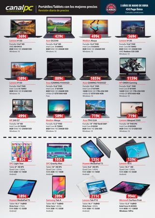 canalpcinformática
Portátiles/Tablets con los mejores precios
Revisión diaria de precios
5 AÑOS DE MANO DE OBRA
45€ Pago Único
Consulta condiciones
Lenovo V130
Pantalla 15.6”HD
AMD A9-9410
8GB RAM/ HD 256GB SSD
Windows 10
Lenovo V130
Pantalla 15.6”FHD
Intel Core i5 7200U
8GB RAM/ HD 512GB SSD
Windows 10
Acer EX2540
Pantalla 15.6”HD
Intel Core i3 6006U
8GB RAM/ HD 256GB SSD
Windows 10
Asus GAMING FX505GD
Pantalla 15.6”FHD
Intel Core i7 8750H
8GB RAM/ HD 256GB SSD
nVidia GF GTX1050 4GB
Free
Medion Akoya
Pantalla 15.6”FHD
Intel Core i5 8265U
8GB RAM/ HD 256GB SSD
Windows 10
Asus GAMING FX505GD
Pantalla 15.6” FHD
Intel Core i7 8750H
16GB RAM/ HD 1TB+256 SSD
nVidia GF GTX1050 4GB
Windows 10
Lenovo V130
Pantalla 15.6”FHD
Intel Core i5 7200U
8GB RAM/ HD 256GB SSD
AMD Radeon 520 2GB
Windows 10
HP OMEN Gaming
Pantalla 15.6” FHD
Intel Core i7 8750H
16GB RAM/ HD 1TB+256 SSD
nVidia GF GTX1050 4GB
Windows 10
Pantalla 14”HD
Intel Core i3 7020U
8GB RAM/ HD 256GB SSD
Windows 10
HP 240 G7 Lenovo Ideapad 530S
Pantalla 14”FHD IPS
Intel Core i5 8250U
8GB RAM/ HD 512GB SSD
Windows 10
Samsung Tab A
Tablet 10.1” FullHD
Octa Core 1.6GHz
RAM 2GB/ HD 32GB
Android
Huawei MediaPad T3
Tablet 9.6” HD IPS
Quad Core 1.4GHz
RAM 2GB/ HD 16GB
Android
Microsoft Surface Pro6
Tablet 12.3” FullHD
Intel Core i5-8350U
RAM 8GB/ HD 128GB
Windows 10Pro
Lenovo TB-X
Tablet 10.1” HD
Quad Core 1.3GHz
RAM 2GB/ HD 32GB
Android
209€
105€
Asus TP412UA
Pantalla 14” FHD Táctil 360º
Intel Core i5 8250
8GB RAM/ HD 256 SSD
Windows 10
211€
135€
994€
139€
189€
85€
Lenovo Tab P10
Tablet 10.1” FullHD
Octa Core 1.8GHz
RAM 3GB/ HD 32GB
Android
SPC Gravity Max
Tablet 10” HD IPS
Quad Core 1.3GHz
RAM 2GB/ HD 16GB
Android
Huawei MediaPad T5
Tablet 10.1” FullHD
Octa Core 1.7GHz
RAM 3GB/ HD 32GB
Android
SPC Light Year
Tablet 8” HD IPS
Quad Core 1.3GHz
RAM 2GB/ HD 16GB
Android
Medion Akoya
Pantalla 13.3”FHD
Intel Core i5 7200U
8GB RAM/ HD 256GB SSD
Windows 10
369€ 439€ 499€ 569€
589€ 889€ 1059€
509€ 719€
1159€
719€499€
 