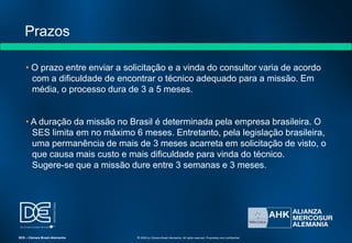 Prazos
• O prazo entre enviar a solicitação e a vinda do consultor varia de acordo
com a dificuldade de encontrar o técnico adequado para a missão. Em
média, o processo dura de 3 a 5 meses.
• A duração da missão no Brasil é determinada pela empresa brasileira. O
SES limita em no máximo 6 meses. Entretanto, pela legislação brasileira,
uma permanência de mais de 3 meses acarreta em solicitação de visto, o
que causa mais custo e mais dificuldade para vinda do técnico.
Sugere-se que a missão dure entre 3 semanas e 3 meses.
SES – Câmara Brasil-Alemanha © 2009 by Câmara Brasil-Alemanha. All rights reserved. Proprietary and confidential
 