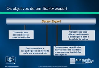 Os objetivos de um Senior Expert
Dar continuidade a
sua participação no mercado
após sua aposentadoria
Ganhar novas experiências
através das suas atividades
em empresas e instituições
estrangeiras
Transmitir seus
conhecimentos e
suas experiências
Colocar suas capa-
cidades profissionais
à disposição e para o
benefício de outros
Senior Expert
SES – Câmara Brasil-Alemanha © 2009 by Câmara Brasil-Alemanha. All rights reserved. Proprietary and confidential
 