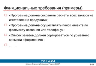 Функциональные требования (примеры) «Программа должна сохранять расчеты всех заказов на изготовление продукции»; «Программа должна осуществлять поиск клиента по фрагменту названия или телефону»; « Список  заказов должен  сортироваться  по убыванию времени оформления»; ......... 1- 