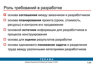 Роль требований в разработке основа  соглашения  между заказчиком и разработчиком основа  планирования  проекта (сроки, стоимость, ресурсы) и контроля его продвижения основной  источник  информации для разработчиков в процессе конструирования  основа для  оценки  результатов разработки основа одинакового  понимания задачи  и разделения труда между различными категориями разработчиков 1- 