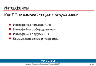 Интерфейсы Как ПО взаимодействует с окружением: Интерфейсы пользователя Интерфейсы с оборудованием  Интерфейсы с другим ПО  Коммуникационные интерфейсы  1- 