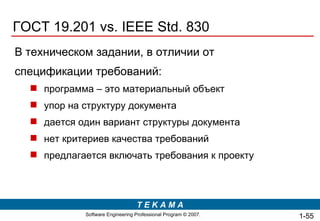 ГОСТ 19.201  vs.   IEEE Std. 830 В техническом задании, в отличии от спецификации требований: программа – это материальный объект упор на структуру документа дается один вариант структуры документа нет критериев качества требований предлагается включать требования к проекту 1- 