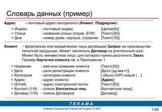 Словарь данных  (пример) –  физическое или юридическое лицо делающее  Запрос  на производство печатной продукции. Может заключать  Договор  на длительный срок. Может быть неизвестное лицо, для которого нужно рассчитать  Заказ . Пример  Карточки клиента  см. в Приложении 1. Клиент + Название  - имя или название клиента [ Текст(30) ] + Дата  - дата регистрации клиента  [ Дата (дд.мм.гг) ] + Категория  - категория клиента  [  обычн. |VIP|  новый  | ...] +  Адрес   - адрес клиента  [ Адрес ] +  (Email)  -  адрес электронной почты   [ Текст(30) ] + Контакт (1: N )  - список  Контактных лиц   [ Контактное лицо ] + Договор (1: N)  -   список Договоров   [ Договор ] –  почтовый адрес контрагента ( Клиент ,  Подрядчик ). Адрес + Индекс  - почтовый индекс  [ Целое(6) ] + Улица  - название улицы (справ. БТИ) [ Текст(20) ]   + Дом  - номер дома, корпуса, строения [ Текст(10) ] 1- 