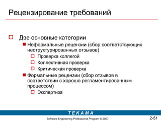 Рецензирование требований


 Две основные категории
     Неформальные рецензии (сбор соответствующих
      неструктурированных отзывов)
        Проверка коллегой
        Коллективная проверка
        Критическая проверка
     Формальные рецензии (сбор отзывов в
      соответствии с хорошо регламентированным
      процессом)
        Экспертиза



                             TEKAMA
             Software Engineering Professional Program © 2007.   2-51
 