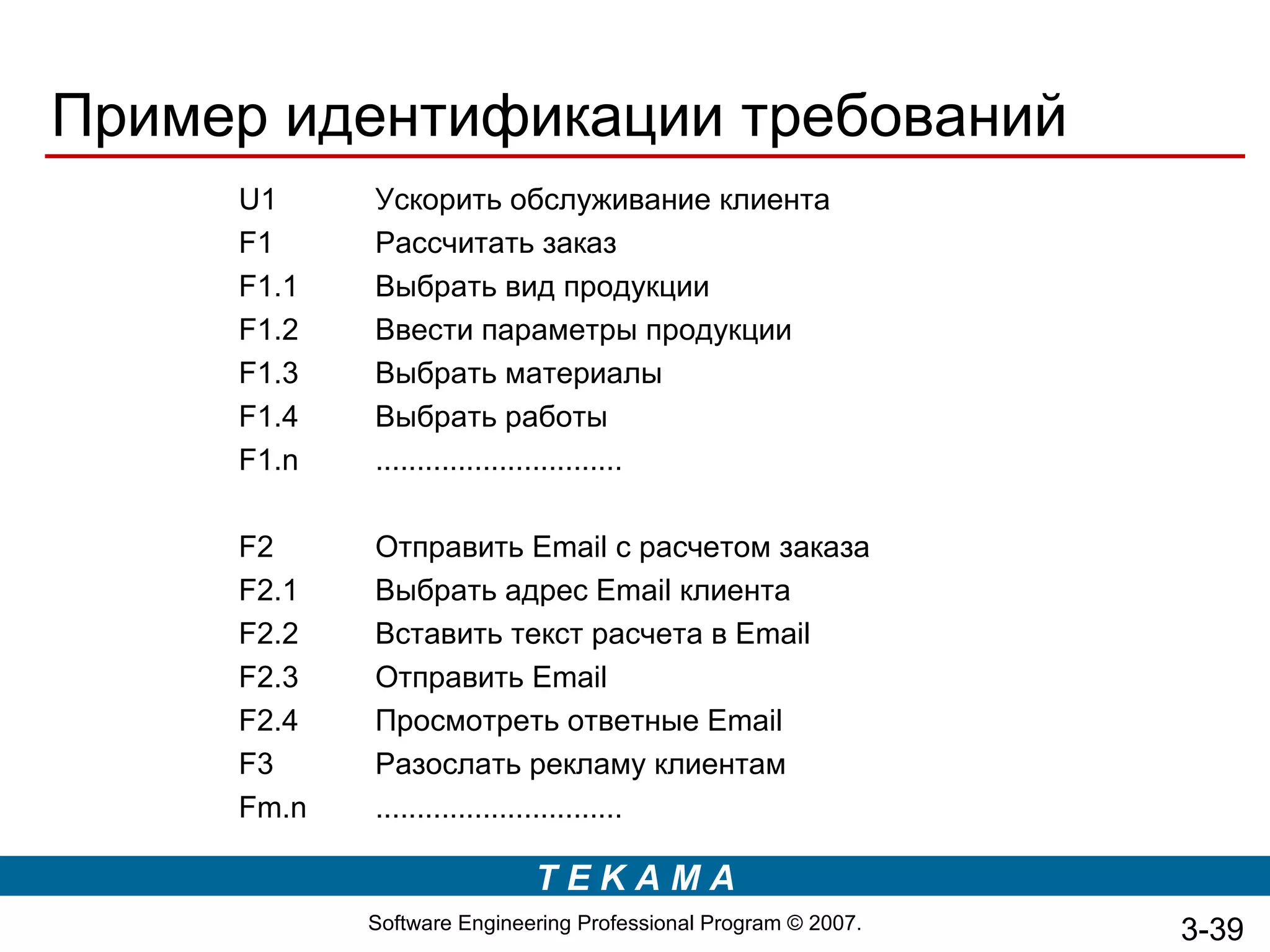 Пример идентификации требований
     U1     Ускорить обслуживание клиента
     F1     Рассчитать заказ
     F1.1   Выбрать вид продукции
     F1.2   Ввести параметры продукции
     F1.3   Выбрать материалы
     F1.4   Выбрать работы
     F1.n   ..............................

     F2     Отправить Email с расчетом заказа
     F2.1   Выбрать адрес Email клиента
     F2.2   Вставить текст расчета в Email
     F2.3   Отправить Email
     F2.4   Просмотреть ответные Email
     F3     Разослать рекламу клиентам
     Fm.n   ..............................

                            TEKAMA
            Software Engineering Professional Program © 2007.   3-39
 