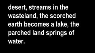 desert, streams in the
wasteland, the scorched
earth becomes a lake, the
parched land springs of
water.
 