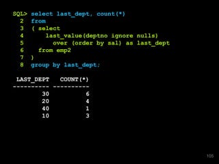 SQL> select last_dept, count(*)
2 from
3 ( select
4 last_value(deptno ignore nulls)
5 over (order by sal) as last_dept
6 from emp2
7 )
8 group by last_dept;
LAST_DEPT COUNT(*)
---------- ----------
30 6
20 4
40 1
10 3
105
 