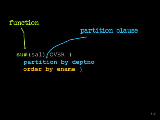 sum(sal) OVER (
partition by deptno
)
function
partition clause
order by ename
112
 