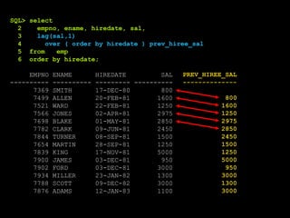 SQL> select
2 empno, ename, hiredate, sal,
3 lag(sal,1)
4 over ( order by hiredate ) prev_hiree_sal
5 from emp
6 order by hiredate;
EMPNO ENAME HIREDATE SAL
---------- ---------- --------- ----------
7369 SMITH 17-DEC-80 800
7499 ALLEN 20-FEB-81 1600
7521 WARD 22-FEB-81 1250
7566 JONES 02-APR-81 2975
7698 BLAKE 01-MAY-81 2850
7782 CLARK 09-JUN-81 2450
7844 TURNER 08-SEP-81 1500
7654 MARTIN 28-SEP-81 1250
7839 KING 17-NOV-81 5000
7900 JAMES 03-DEC-81 950
7902 FORD 03-DEC-81 3000
7934 MILLER 23-JAN-82 1300
7788 SCOTT 09-DEC-82 3000
7876 ADAMS 12-JAN-83 1100
PREV_HIREE_SAL
--------------
800
1600
1250
2975
2850
2450
1500
1250
5000
950
3000
1300
3000
 